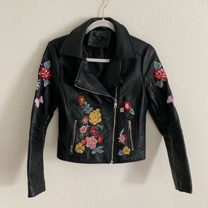 Embroidered Cropped Faux Leather Jacket